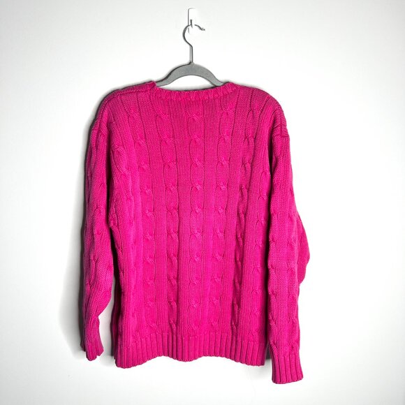 J. Crew Oarsman Hot Pink Cable Knit Crew Neck Chunky Sweater Cotton Preppy Sz L - Picture 3 of 3
